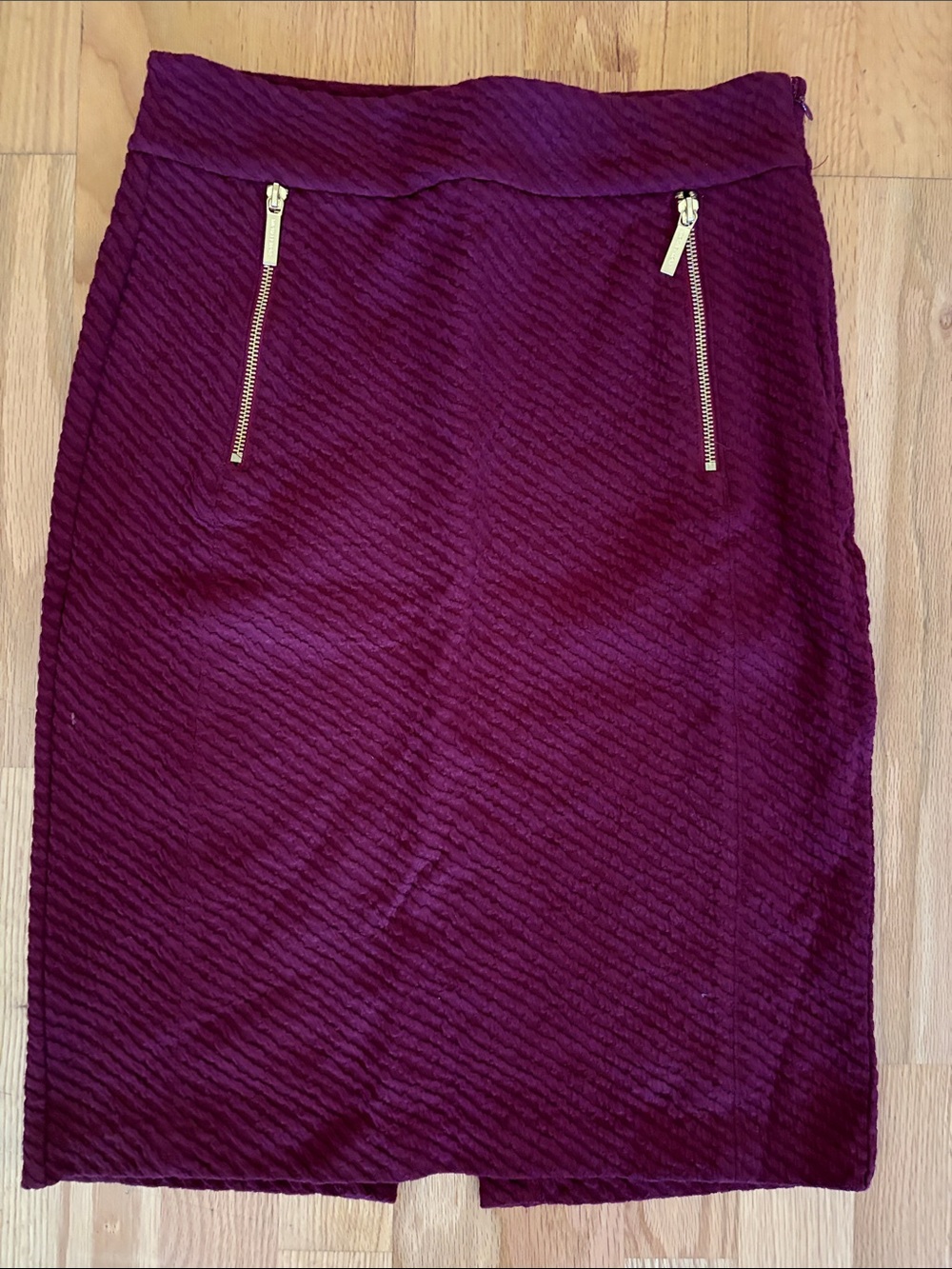 Michael Kors Burgundy Textured Pencil Skirt with Gold Zippers
